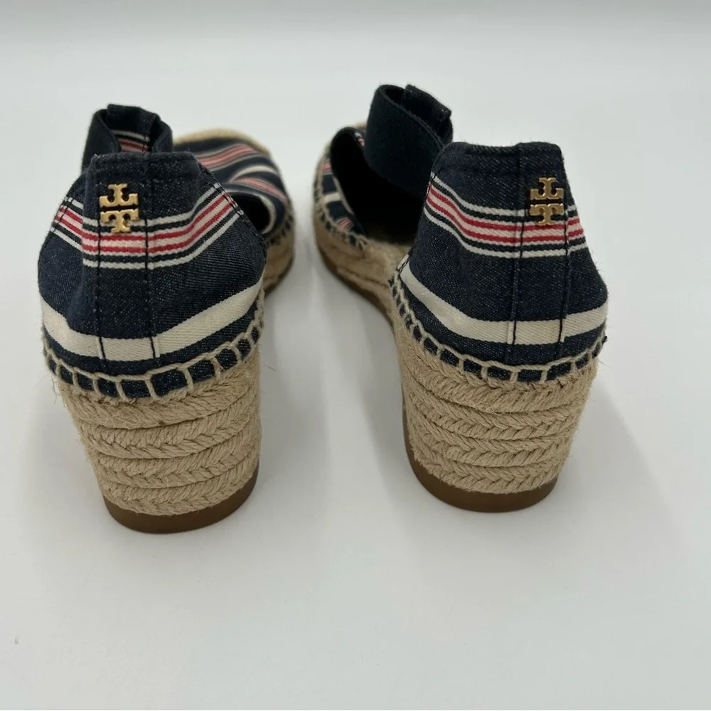 Tory Burch Catalina Espadrille Wedge Preppy Chic Striped Canvas Sandals Navy 7M